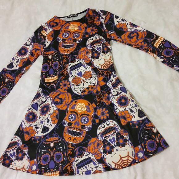 Halloween Prints Long Sleeves Spooky Scary Flared Swing Dress - Picture 3 of 5